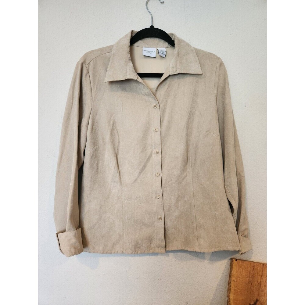 Sonoma Button Up Suede Shirt Women's Large Long Sleeve Beige Adults L